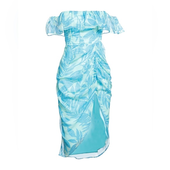 🔥🔥🔥NEW Amanda Uprichard Turquoise Rosalinda Off The Shoulder Dress - Picture 6 of 8